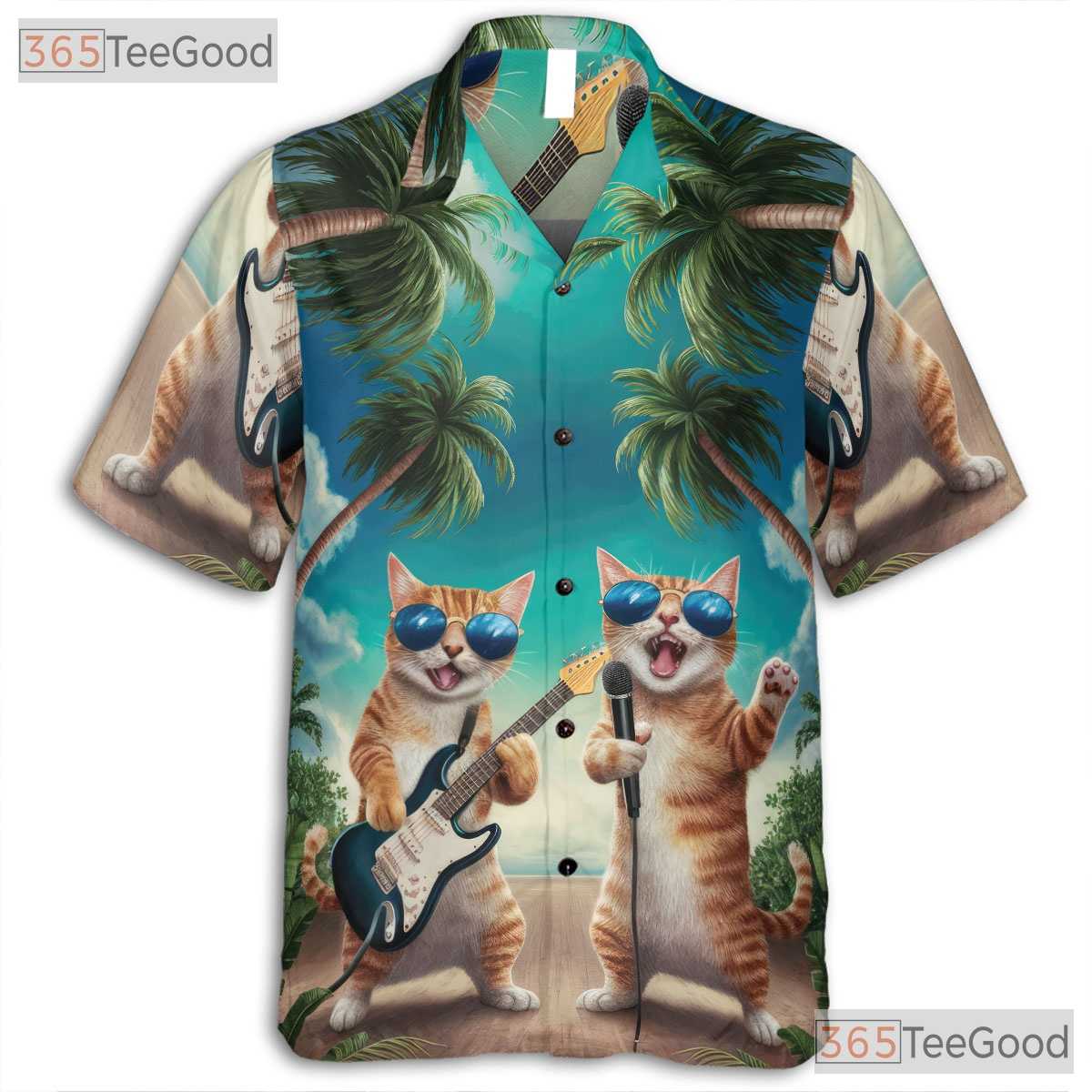 Unisex Guitar Cat Hawaiian Shirt- Funny Singing Cat Palm Tree Sunset Tee