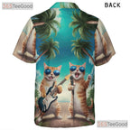 Unisex Guitar Cat Hawaiian Shirt- Funny Singing Cat Palm Tree Sunset Tee