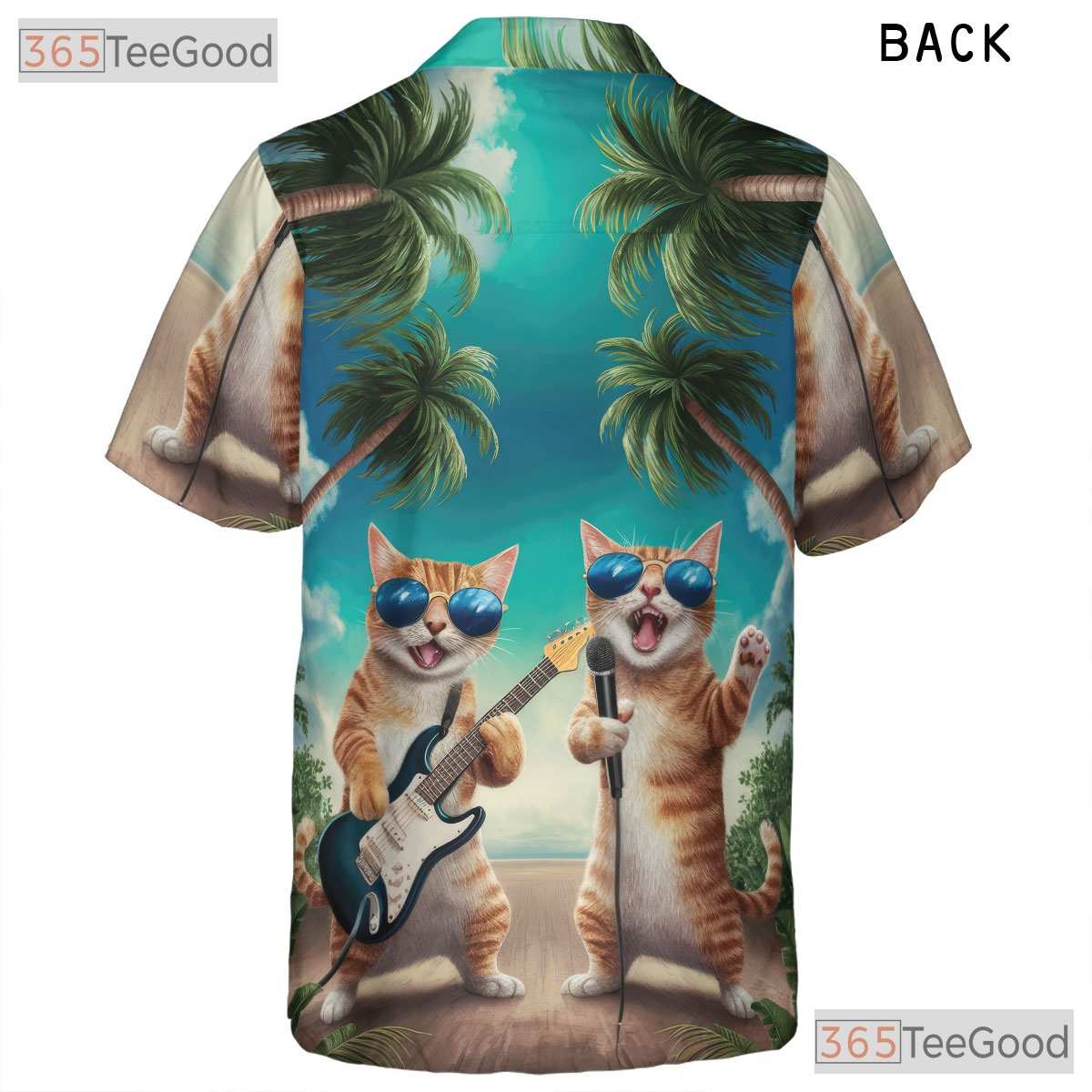 Unisex Guitar Cat Hawaiian Shirt- Funny Singing Cat Palm Tree Sunset Tee