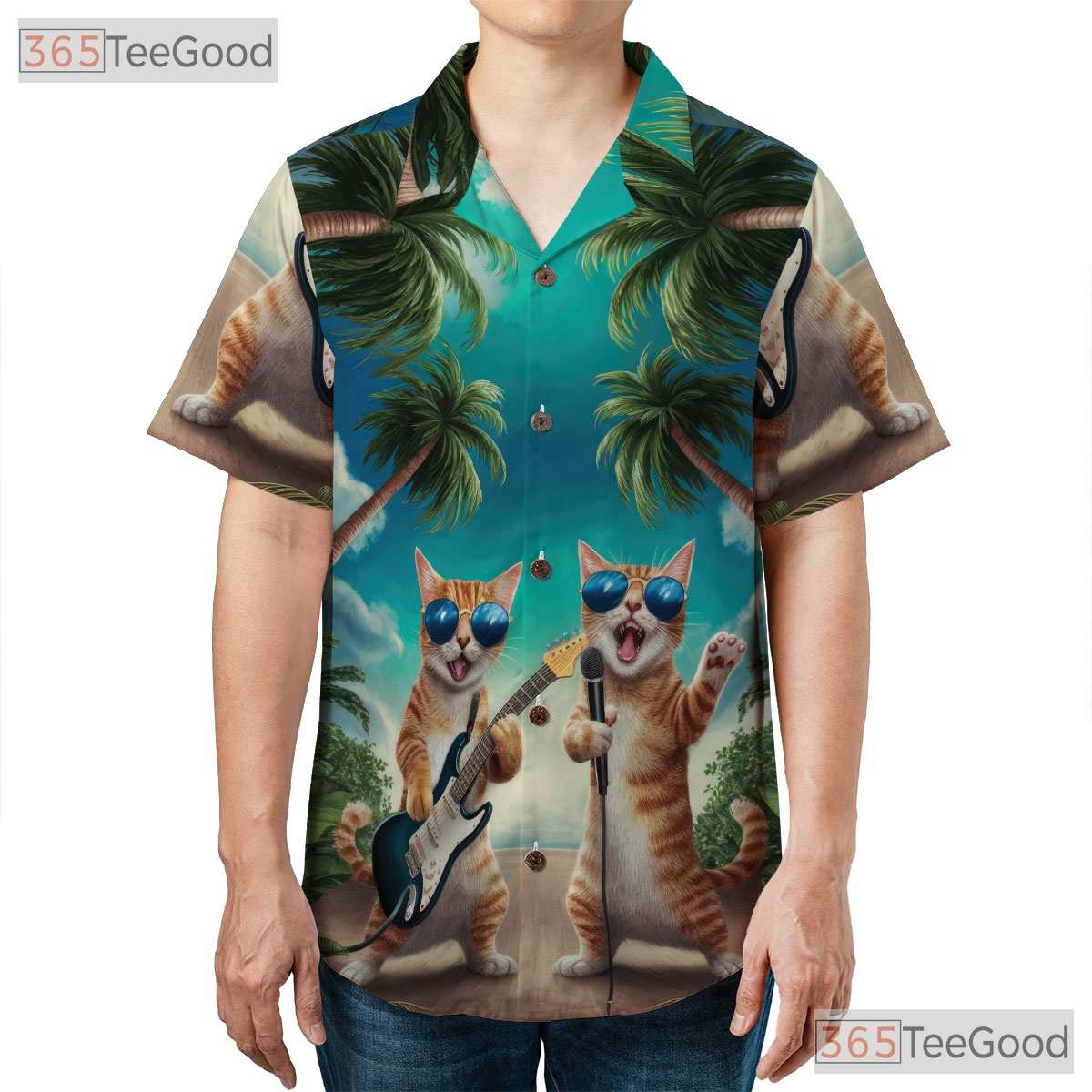 Unisex Guitar Cat Hawaiian Shirt- Funny Singing Cat Palm Tree Sunset Tee