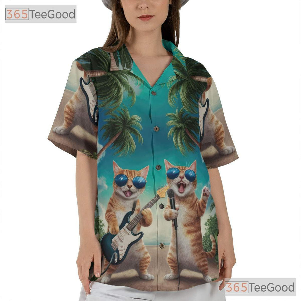Unisex Guitar Cat Hawaiian Shirt- Funny Singing Cat Palm Tree Sunset Tee