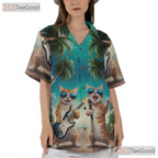 Unisex Guitar Cat Hawaiian Shirt- Funny Singing Cat Palm Tree Sunset Tee