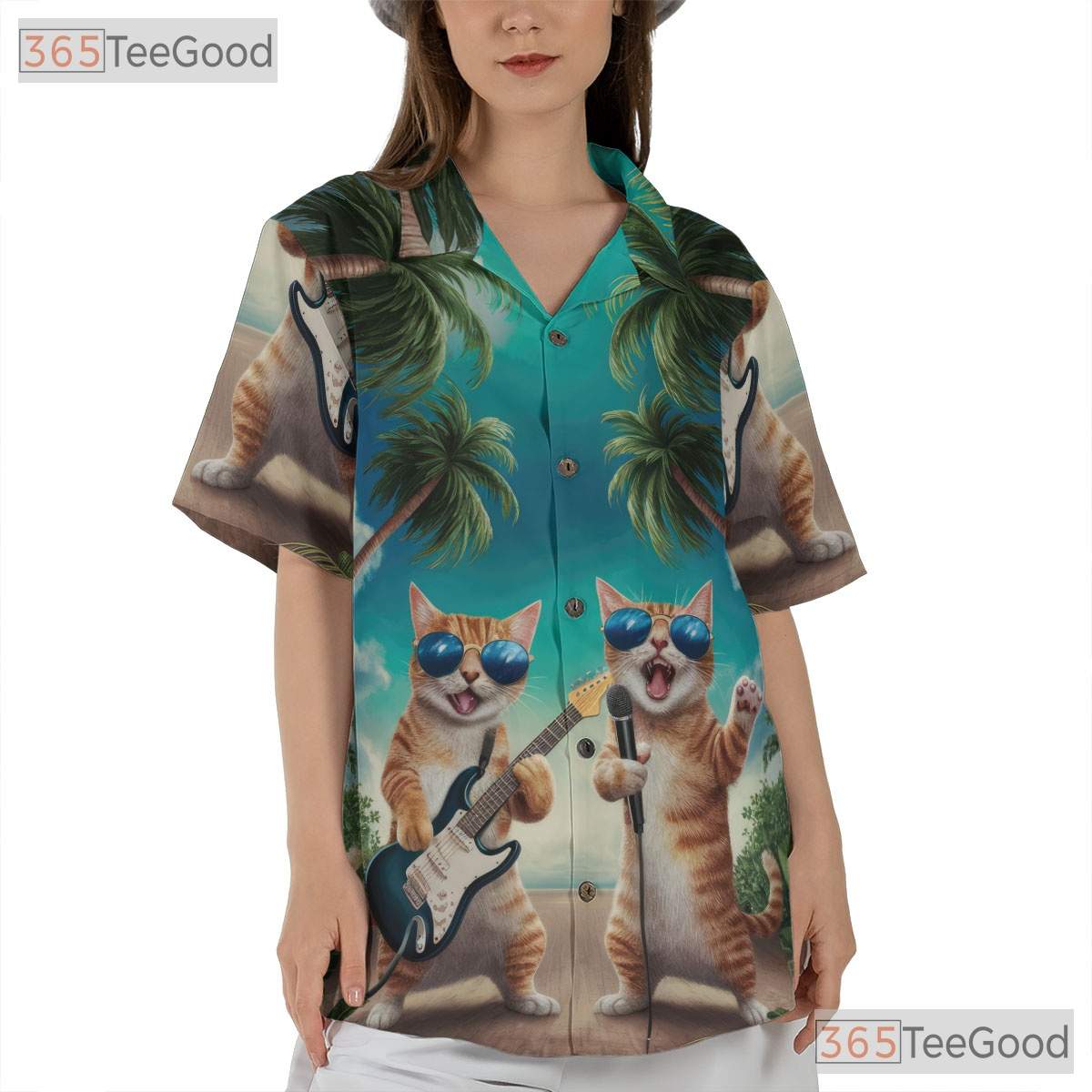 Unisex Guitar Cat Hawaiian Shirt- Funny Singing Cat Palm Tree Sunset Tee