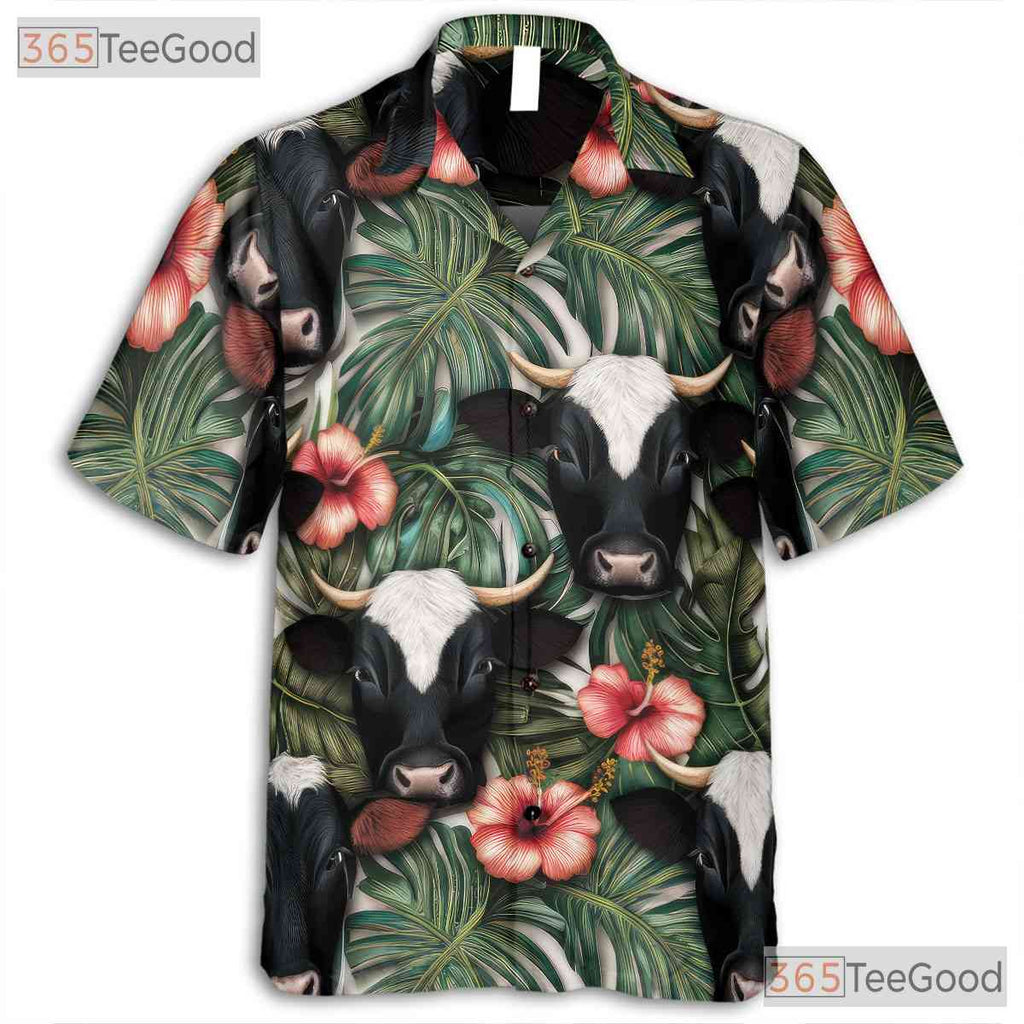 Unisex Hawaiian Shirt Tropical Cow Hibiscus Palm Leaf Seamless Design Beachwear