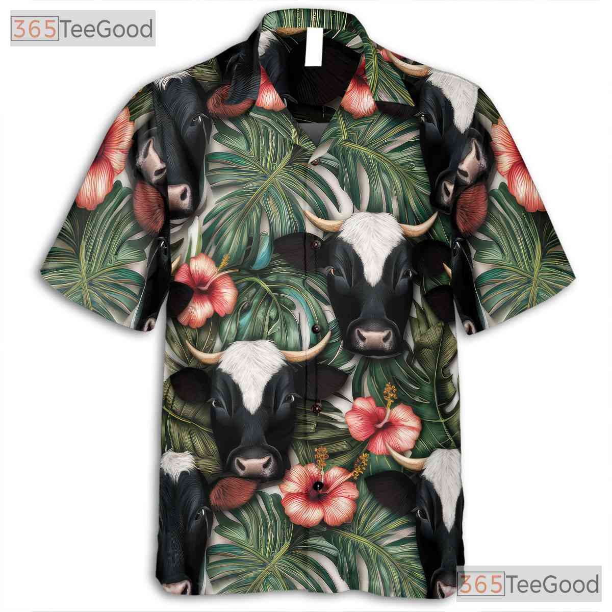 Unisex Hawaiian Shirt Tropical Cow Hibiscus Palm Leaf Seamless Design Beachwear