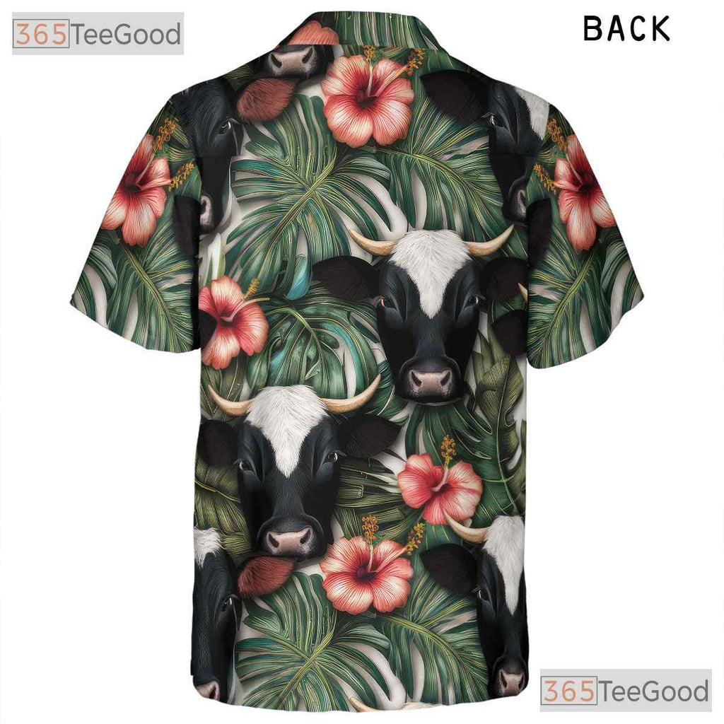 Unisex Hawaiian Shirt Tropical Cow Hibiscus Palm Leaf Seamless Design Beachwear