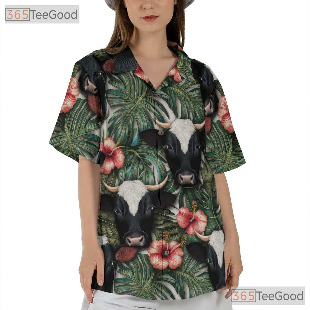 Unisex Hawaiian Shirt Tropical Cow Hibiscus Palm Leaf Seamless Design Beachwear