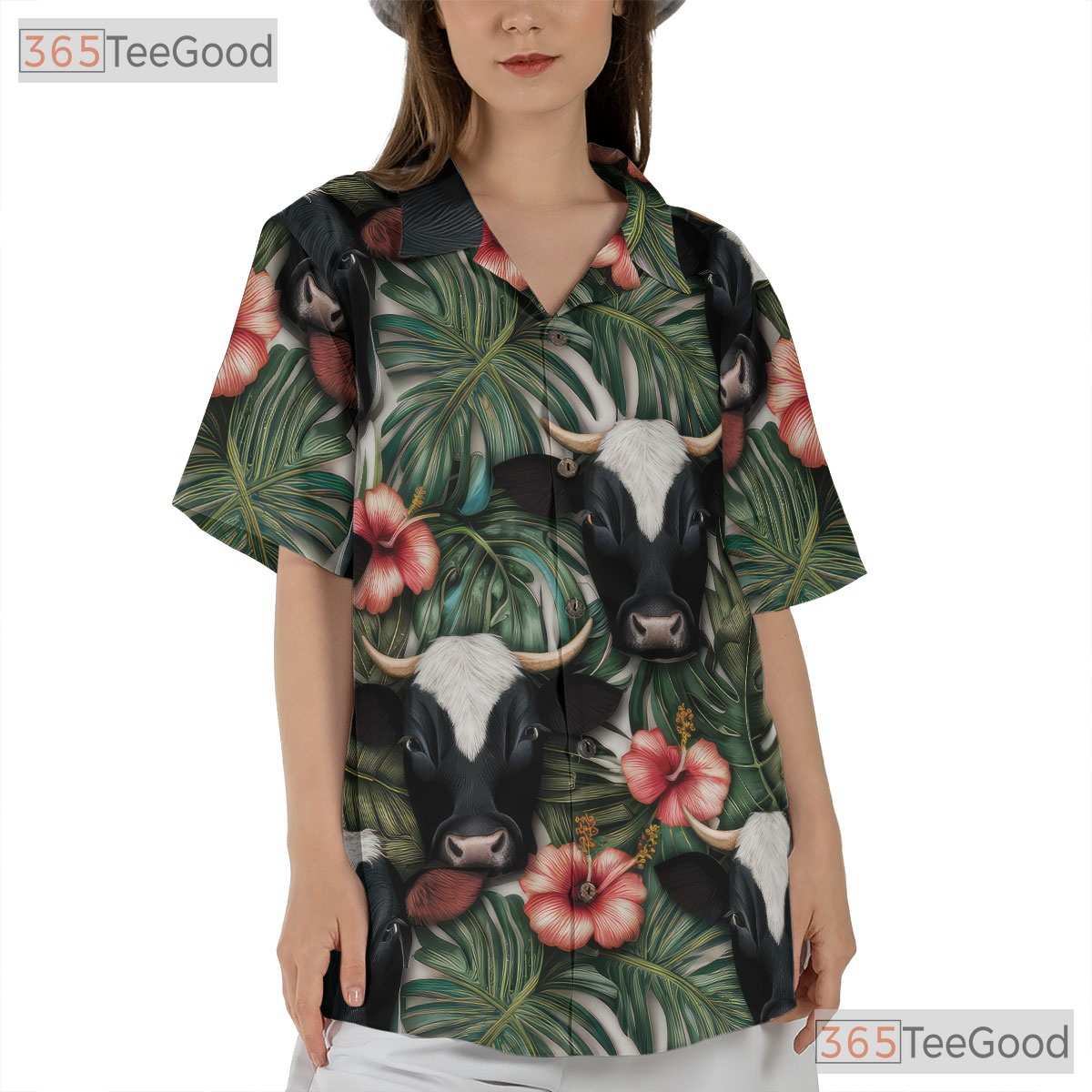 Unisex Hawaiian Shirt Tropical Cow Hibiscus Palm Leaf Seamless Design Beachwear