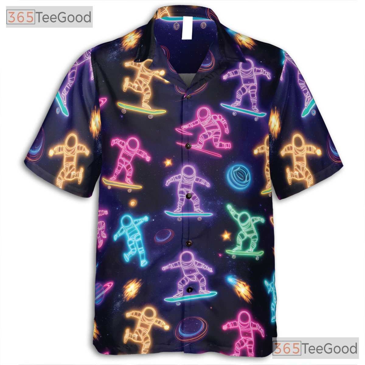 Unisex Neon Astronaut Skateboard Hawaiian Shirt- Space Galaxy Casual Apparel