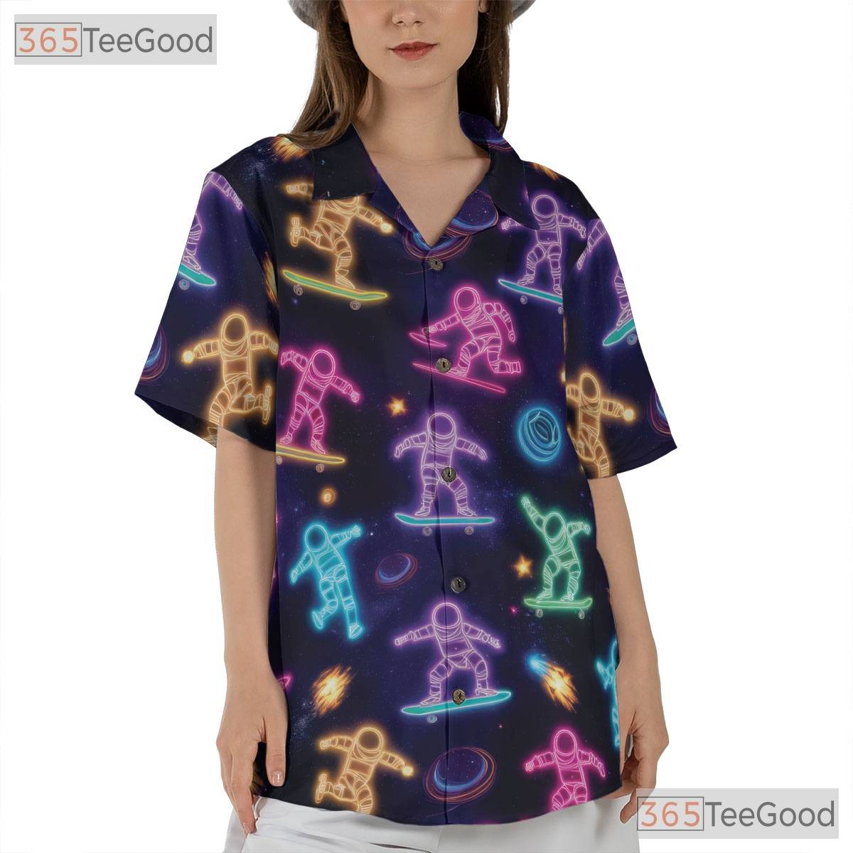 Unisex Neon Astronaut Skateboard Hawaiian Shirt- Space Galaxy Casual Apparel