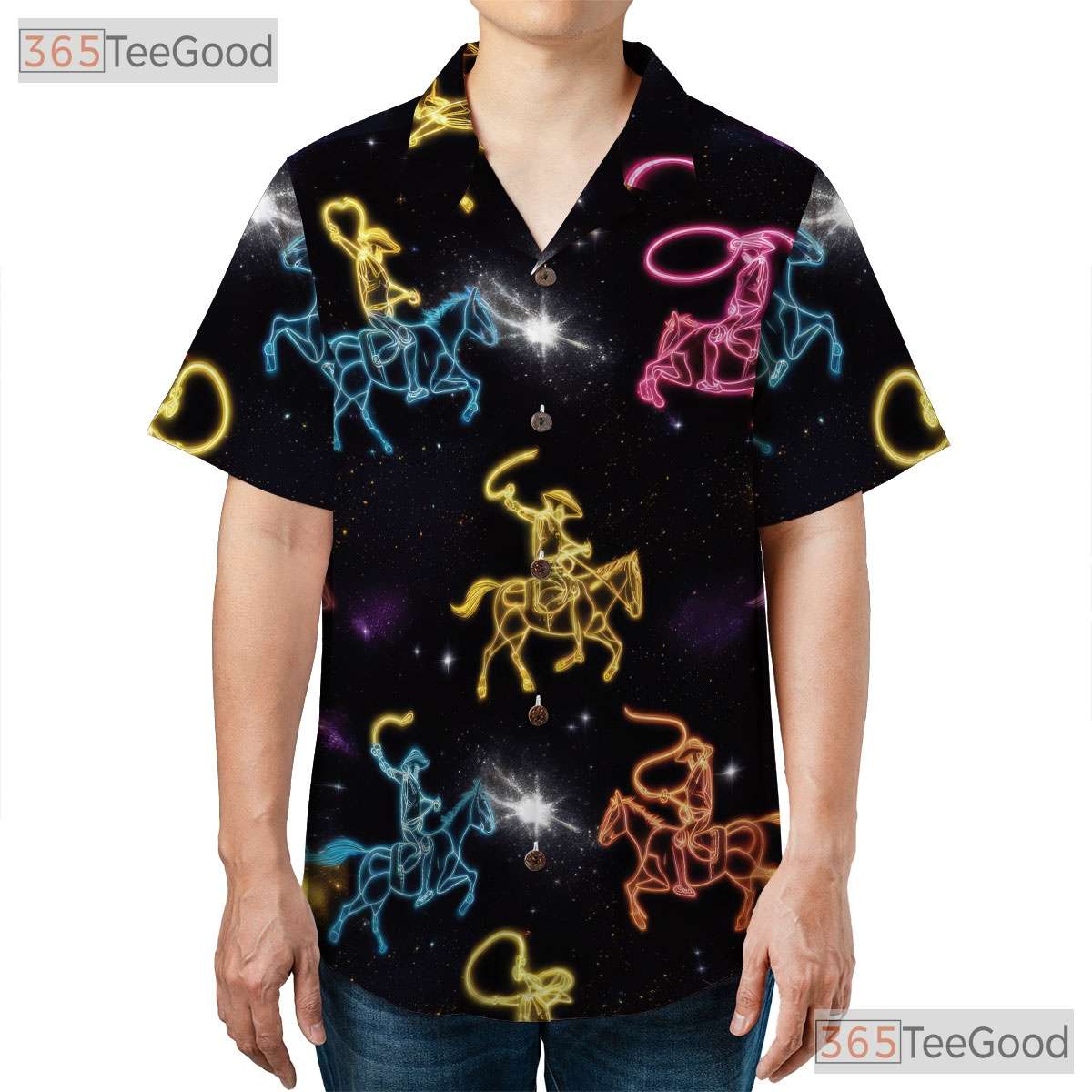 Unisex Neon Cowboy Rodeo Hawaiian Shirt- Western Horse Lasso Space Theme Top