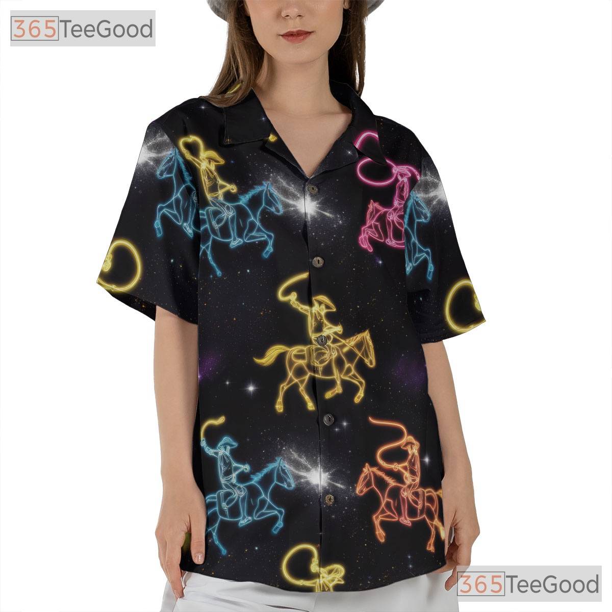 Unisex Neon Cowboy Rodeo Hawaiian Shirt- Western Horse Lasso Space Theme Top