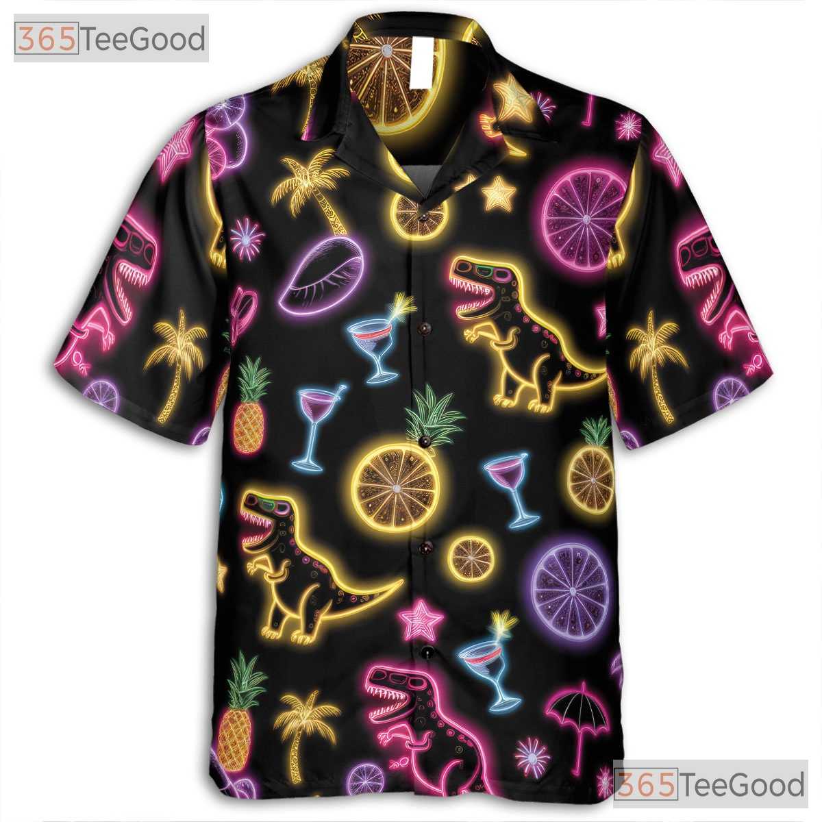 Unisex Neon Dinosaur Cocktail Hawaiian Shirt- Funny Tropical Palm Summer Top
