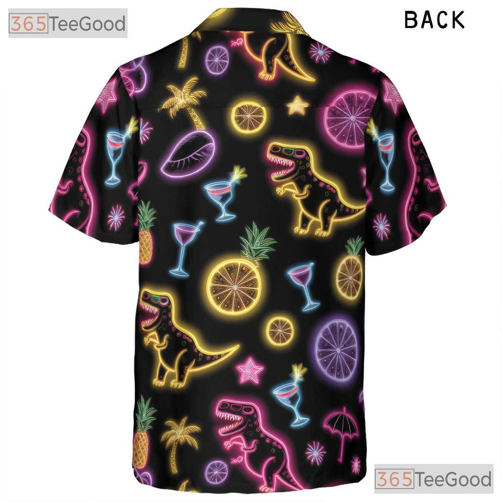 Unisex Neon Dinosaur Cocktail Hawaiian Shirt- Funny Tropical Palm Summer Top