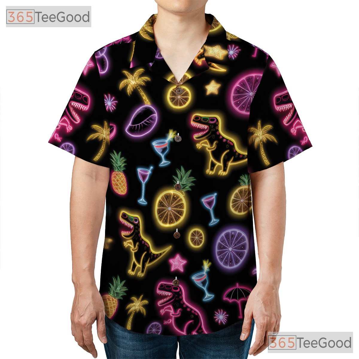 Unisex Neon Dinosaur Cocktail Hawaiian Shirt- Funny Tropical Palm Summer Top