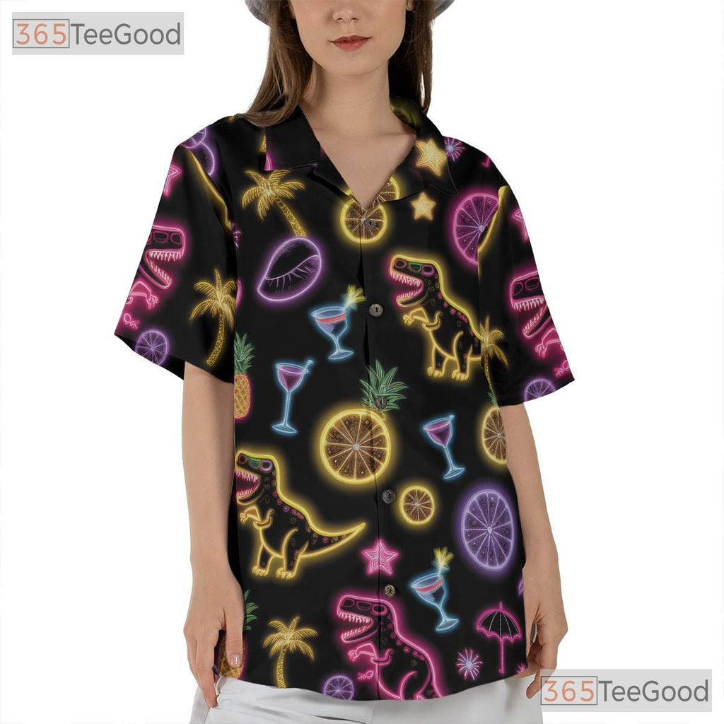 Unisex Neon Dinosaur Cocktail Hawaiian Shirt- Funny Tropical Palm Summer Top