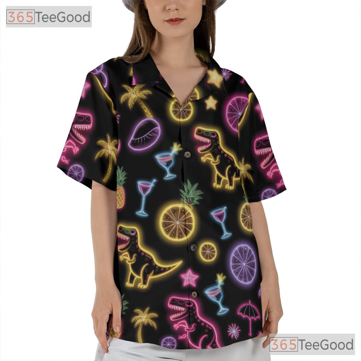 Unisex Neon Dinosaur Cocktail Hawaiian Shirt- Funny Tropical Palm Summer Top