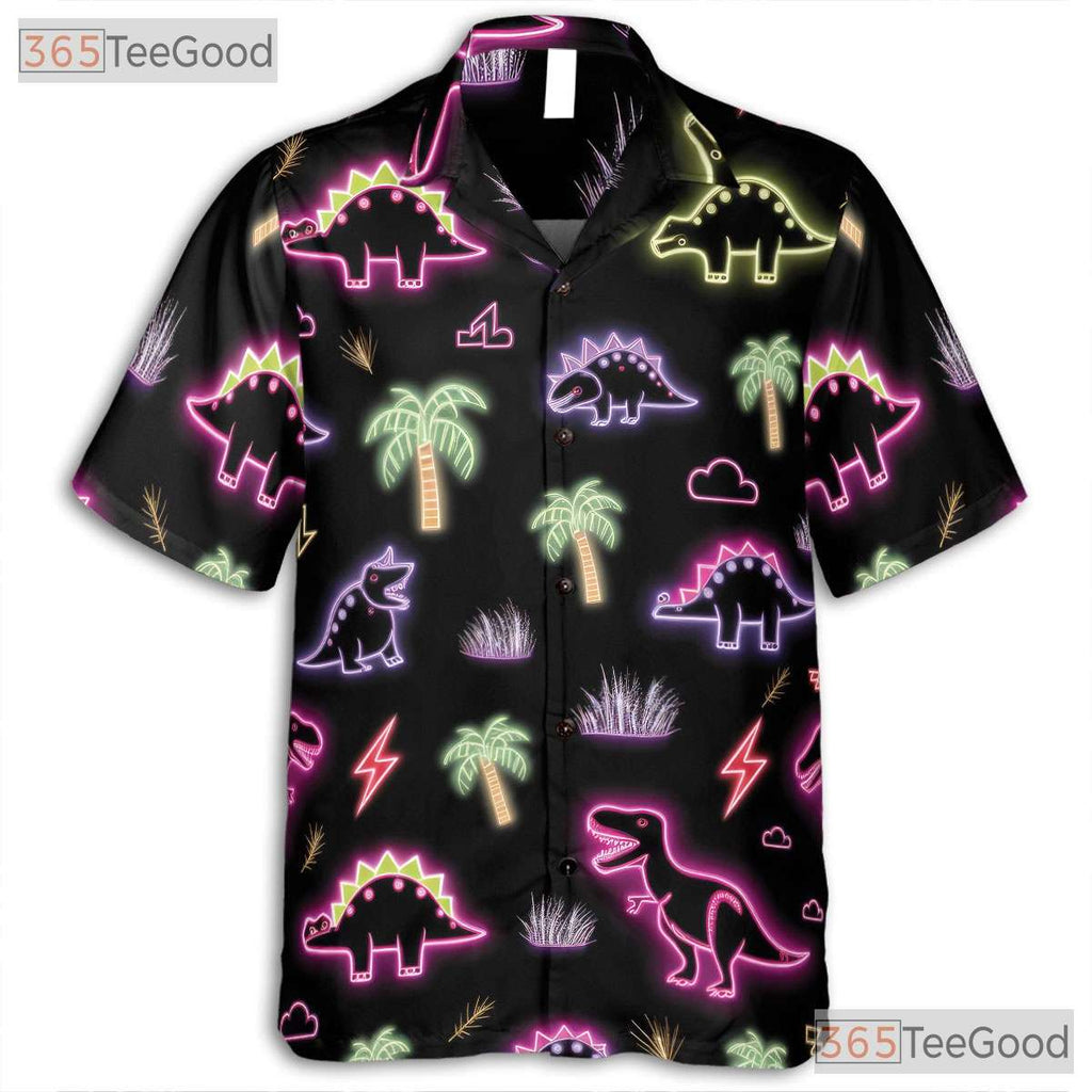 Unisex Neon Dinosaur Tropical Hawaiian Shirt- Funny Cool Button-Up Apparel