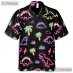 Unisex Neon Dinosaur Tropical Hawaiian Shirt- Funny Cool Button-Up Apparel