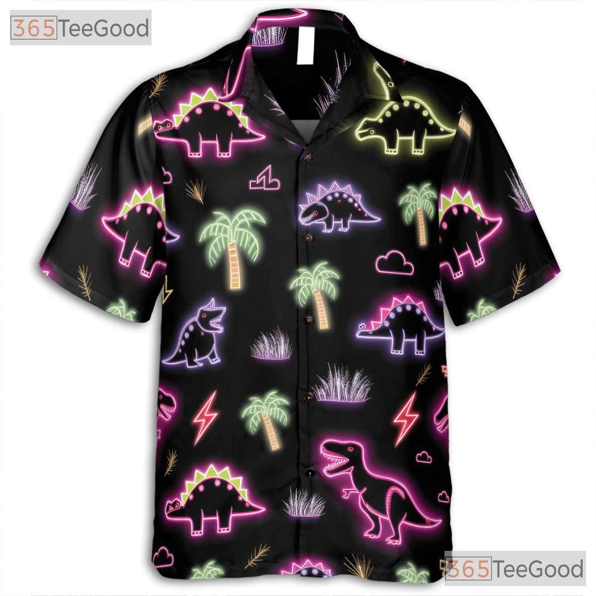 Unisex Neon Dinosaur Tropical Hawaiian Shirt- Funny Cool Button-Up Apparel