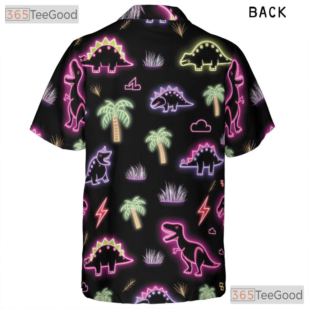 Unisex Neon Dinosaur Tropical Hawaiian Shirt- Funny Cool Button-Up Apparel