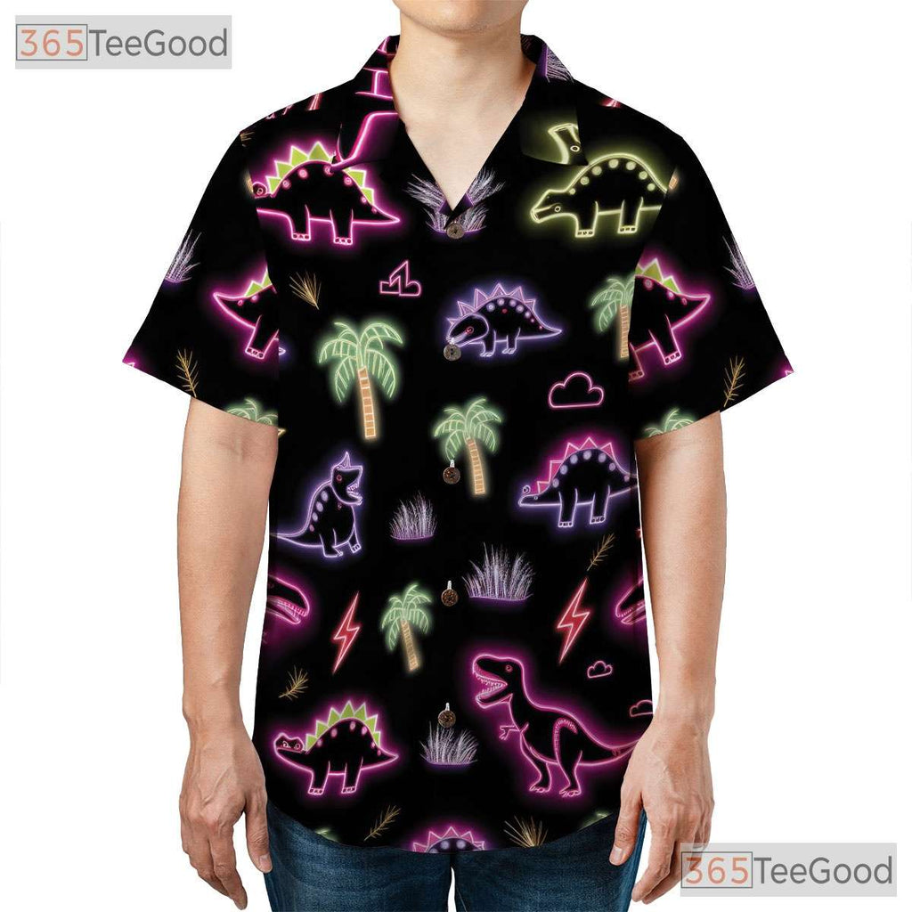 Unisex Neon Dinosaur Tropical Hawaiian Shirt- Funny Cool Button-Up Apparel