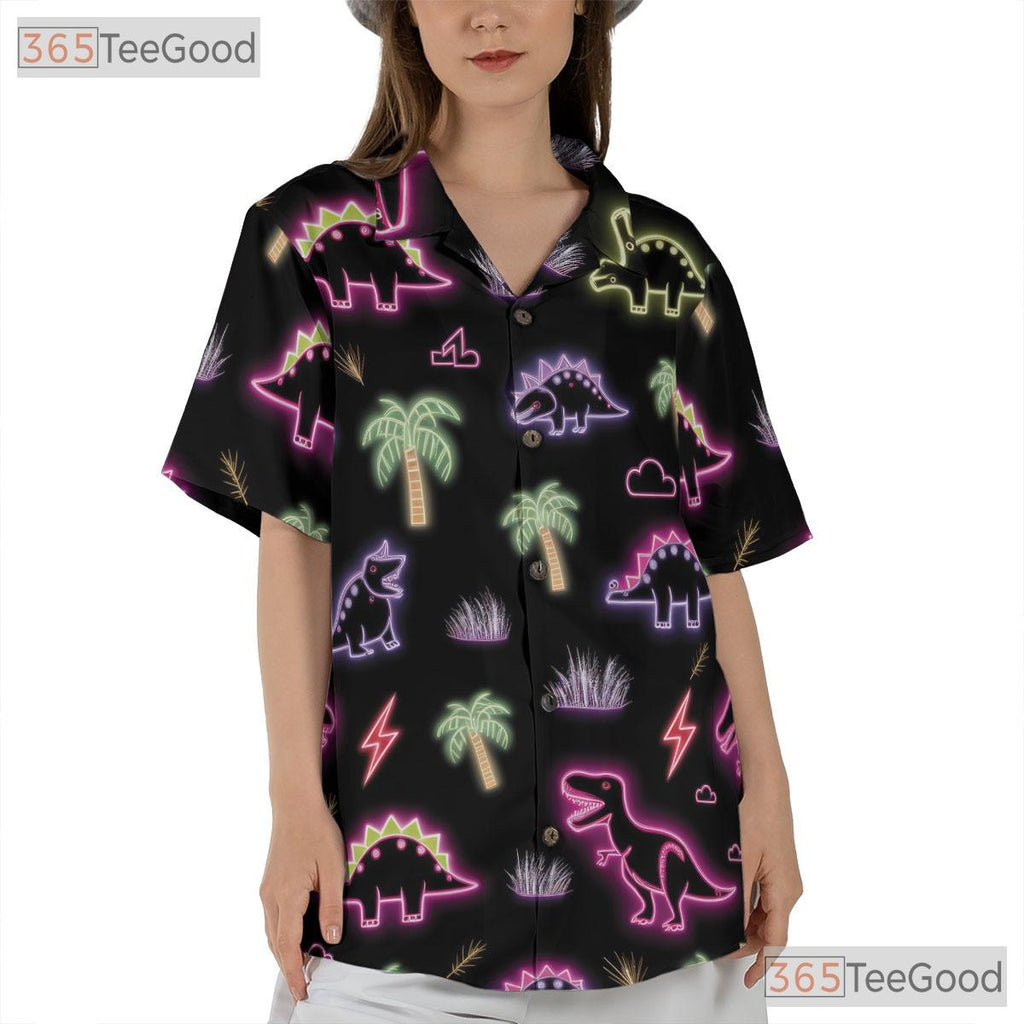 Unisex Neon Dinosaur Tropical Hawaiian Shirt- Funny Cool Button-Up Apparel