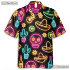 Unisex Neon Fiesta Skull Hawaiian Shirt- Cactus Guitar Summer Party Apparel