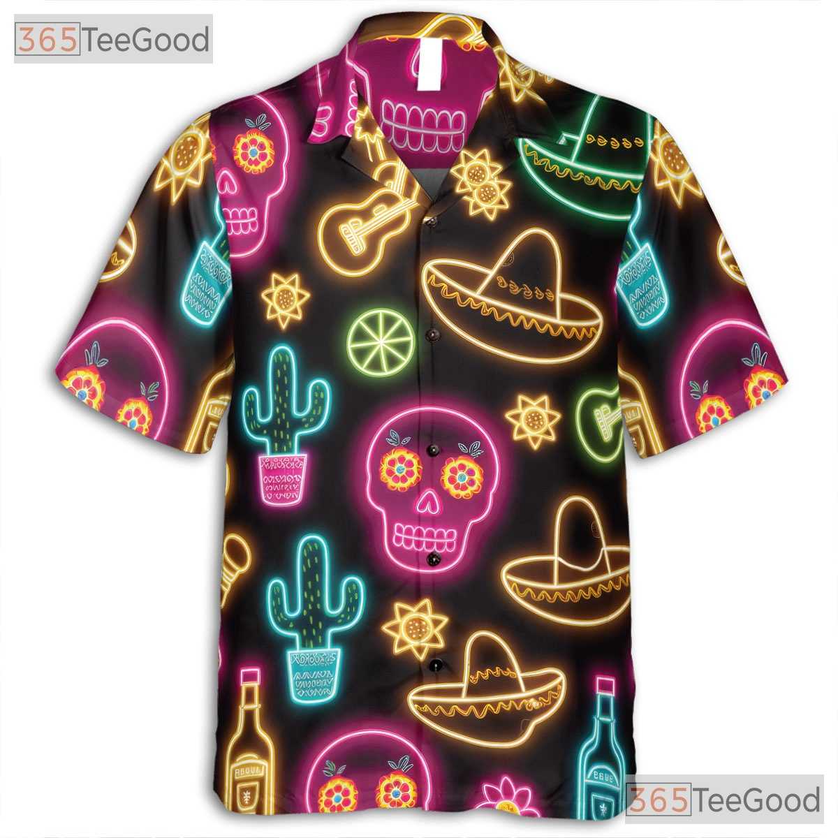 Unisex Neon Fiesta Skull Hawaiian Shirt- Cactus Guitar Summer Party Apparel