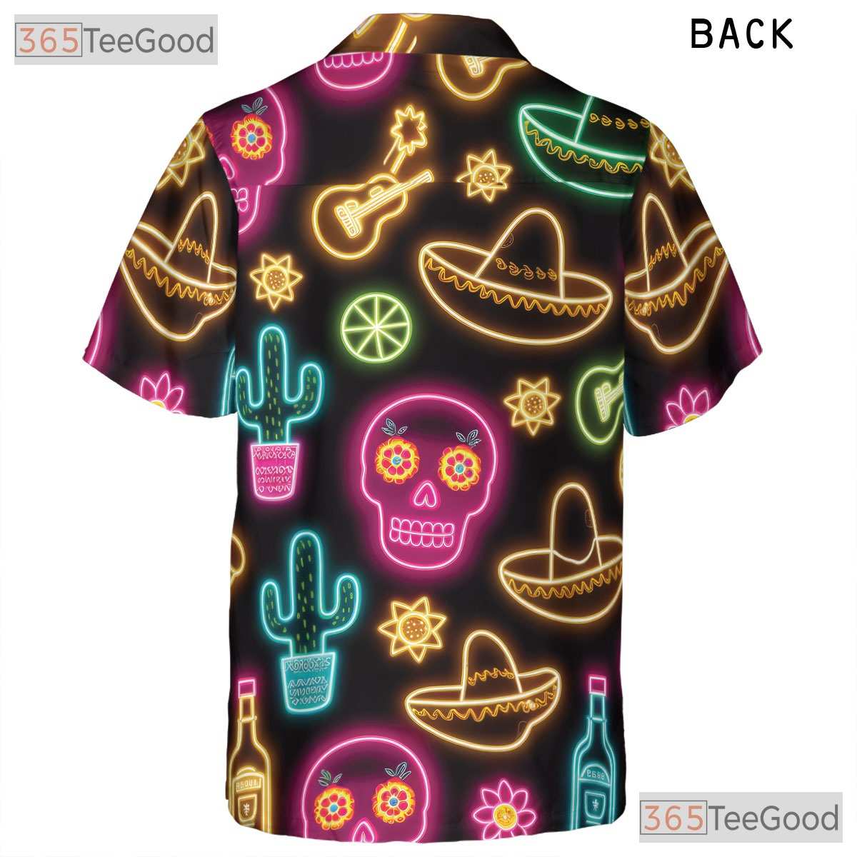 Unisex Neon Fiesta Skull Hawaiian Shirt- Cactus Guitar Summer Party Apparel