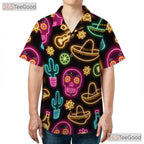 Unisex Neon Fiesta Skull Hawaiian Shirt- Cactus Guitar Summer Party Apparel