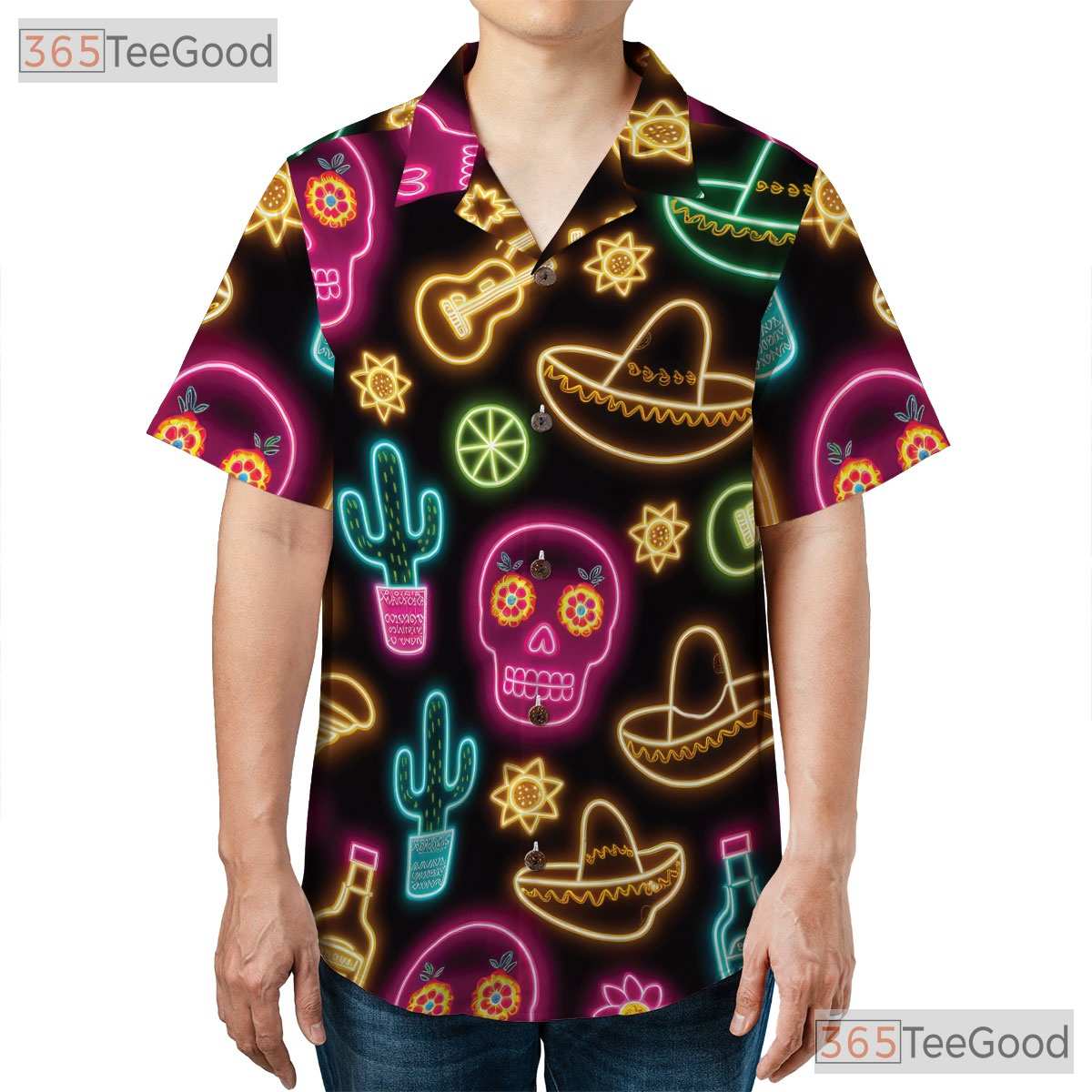 Unisex Neon Fiesta Skull Hawaiian Shirt- Cactus Guitar Summer Party Apparel