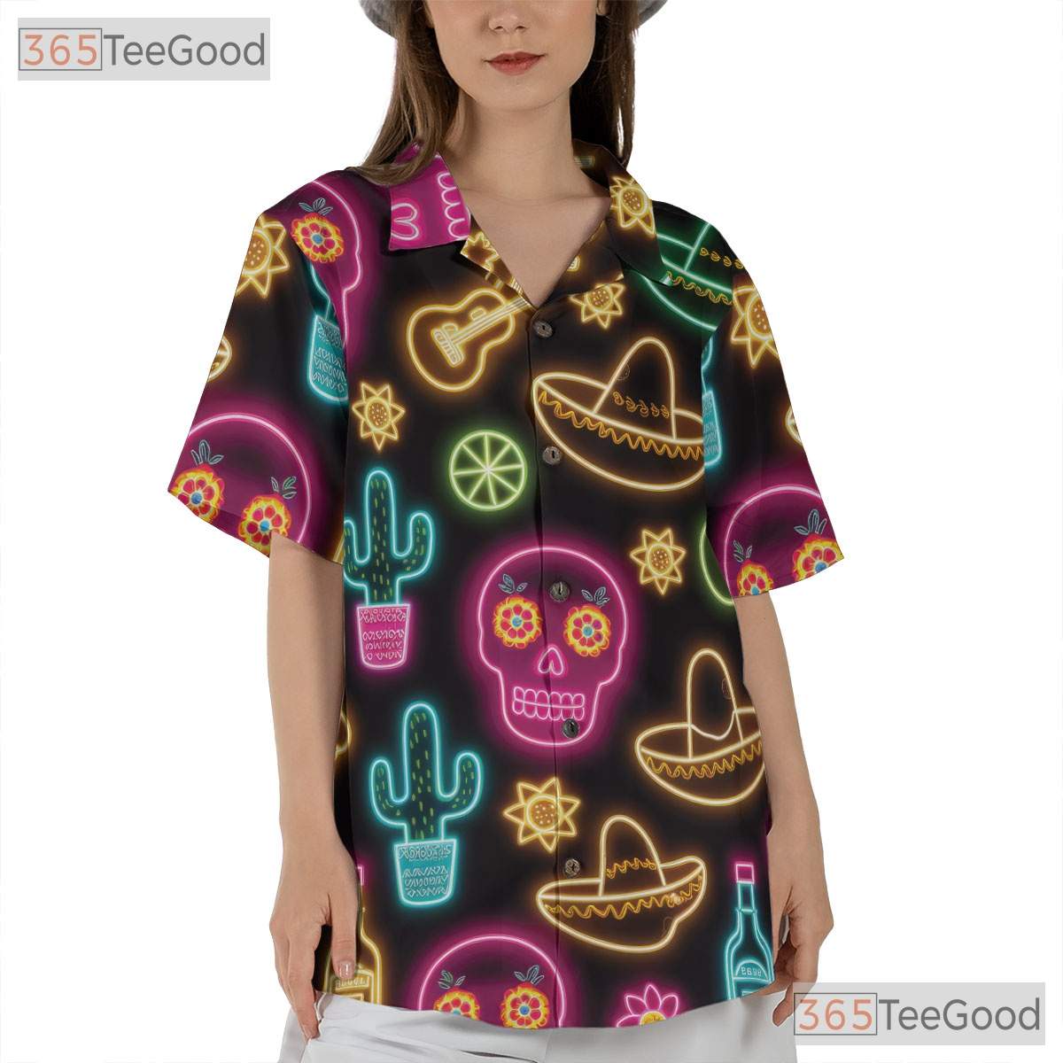 Unisex Neon Fiesta Skull Hawaiian Shirt- Cactus Guitar Summer Party Apparel