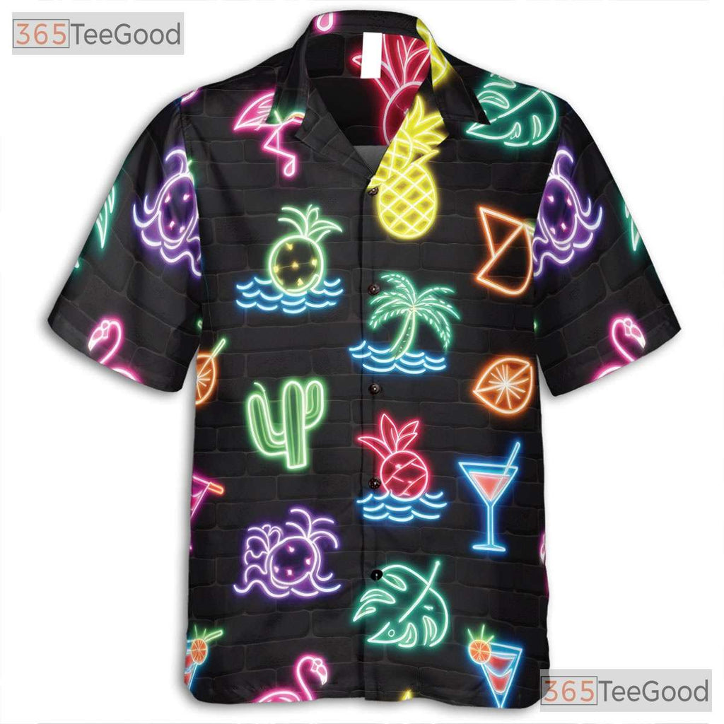 Unisex Neon Flamingo Hawaiian Shirt- Tropical Palm Fruit Cocktail Summer Top