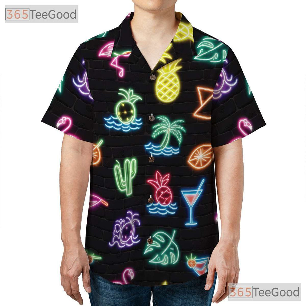 Unisex Neon Flamingo Hawaiian Shirt- Tropical Palm Fruit Cocktail Summer Top