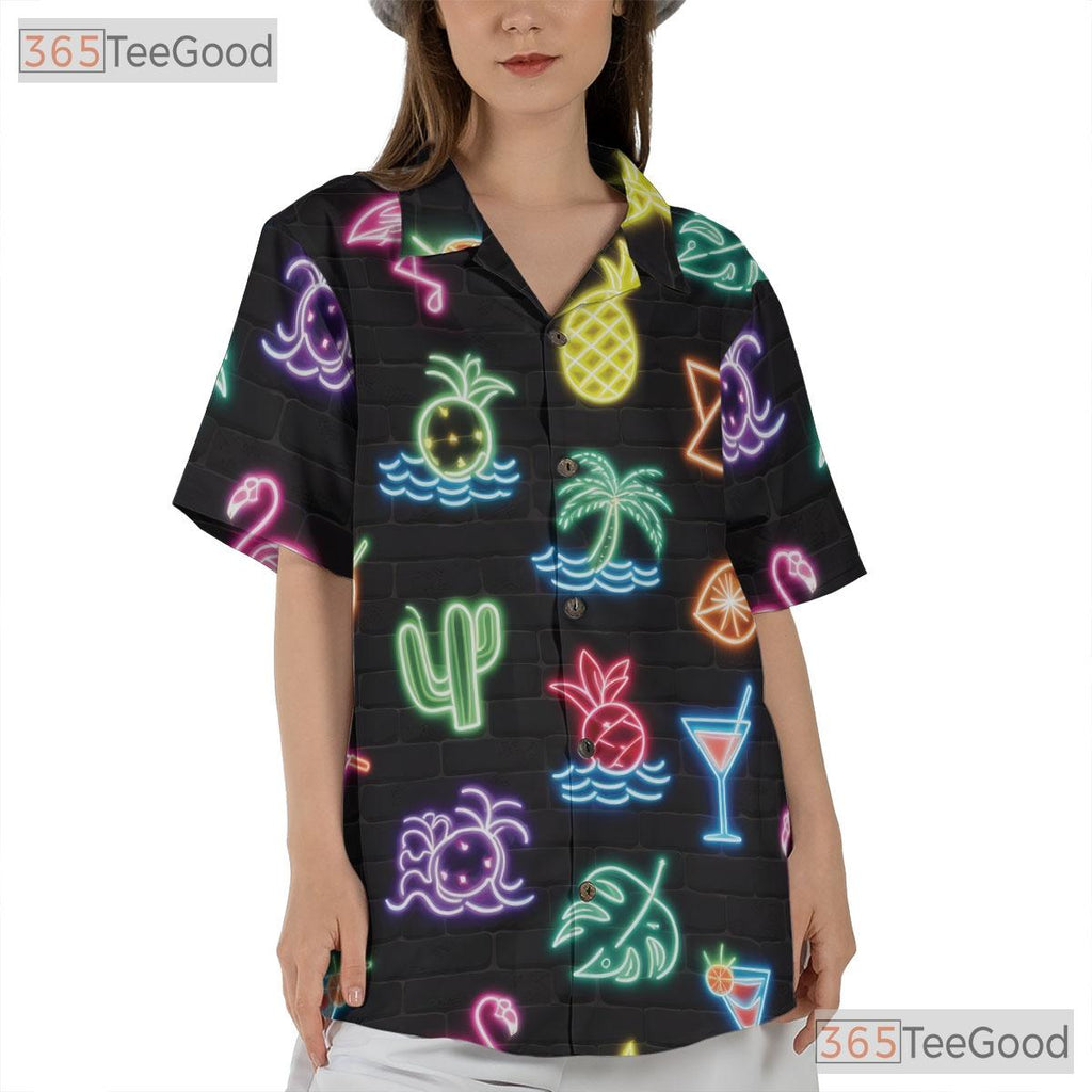 Unisex Neon Flamingo Hawaiian Shirt- Tropical Palm Fruit Cocktail Summer Top