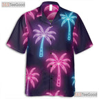 Unisex Neon Palm Tree Hawaiian Shirt- Retro Tropical Black Beach Background