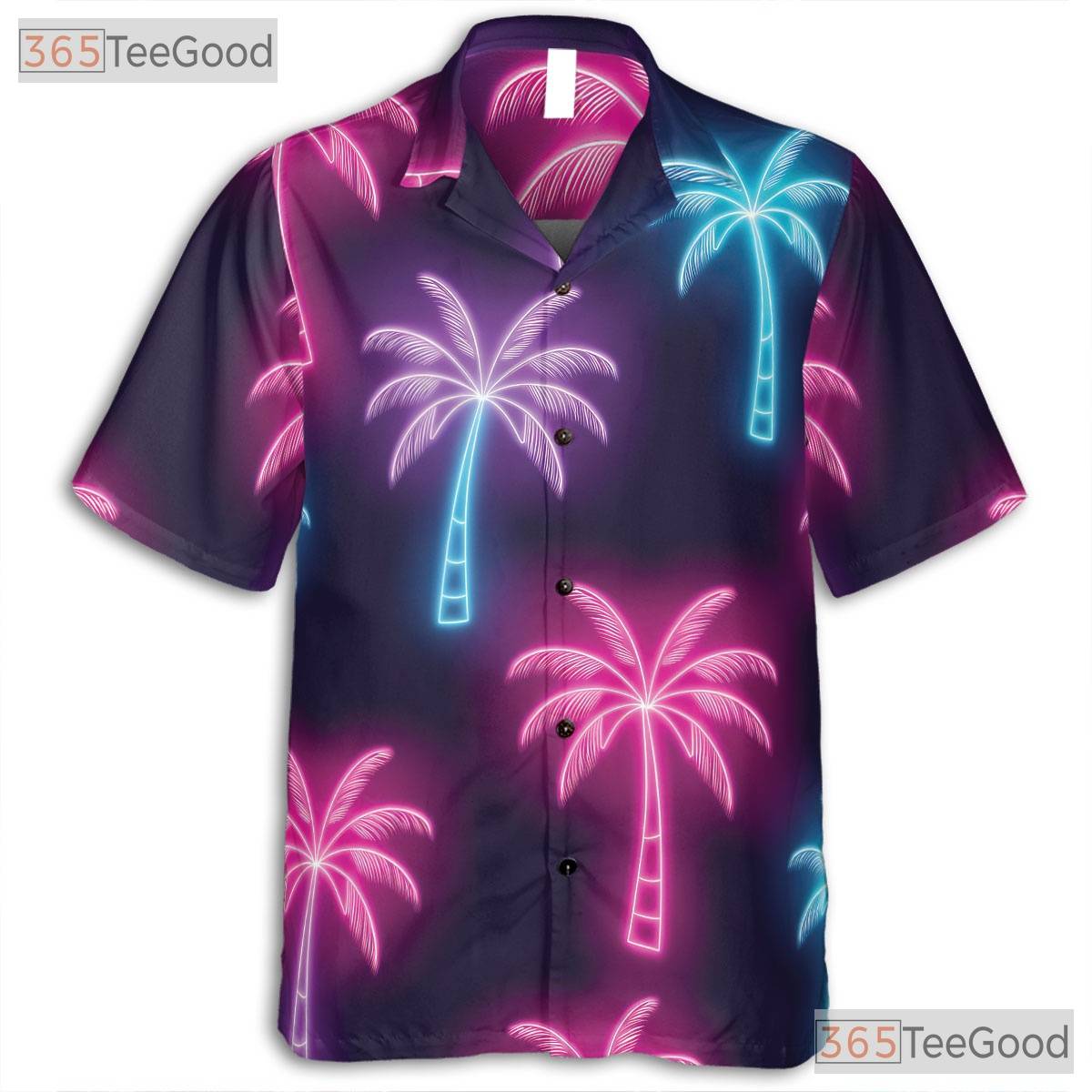 Unisex Neon Palm Tree Hawaiian Shirt- Retro Tropical Black Beach Background