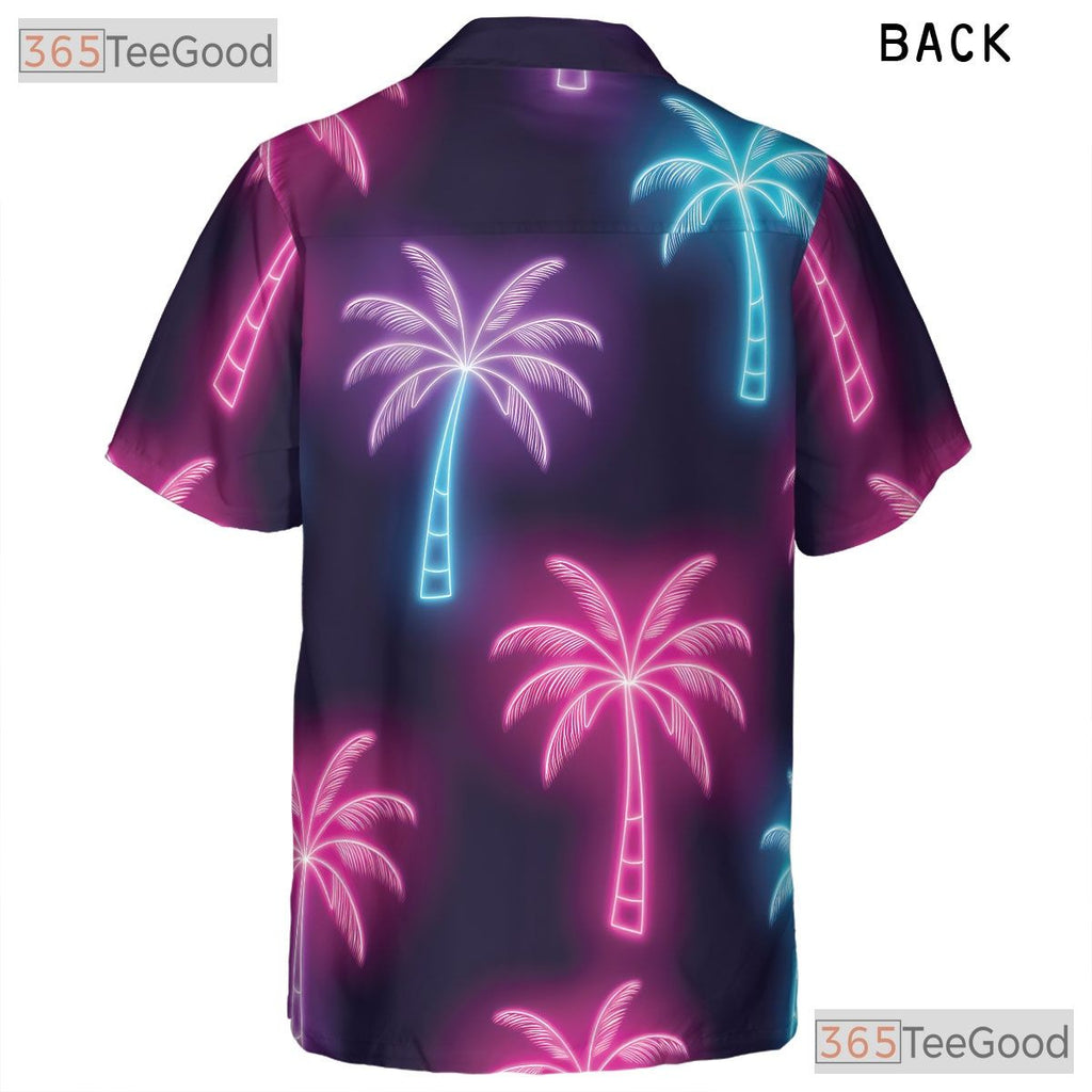 Unisex Neon Palm Tree Hawaiian Shirt- Retro Tropical Black Beach Background