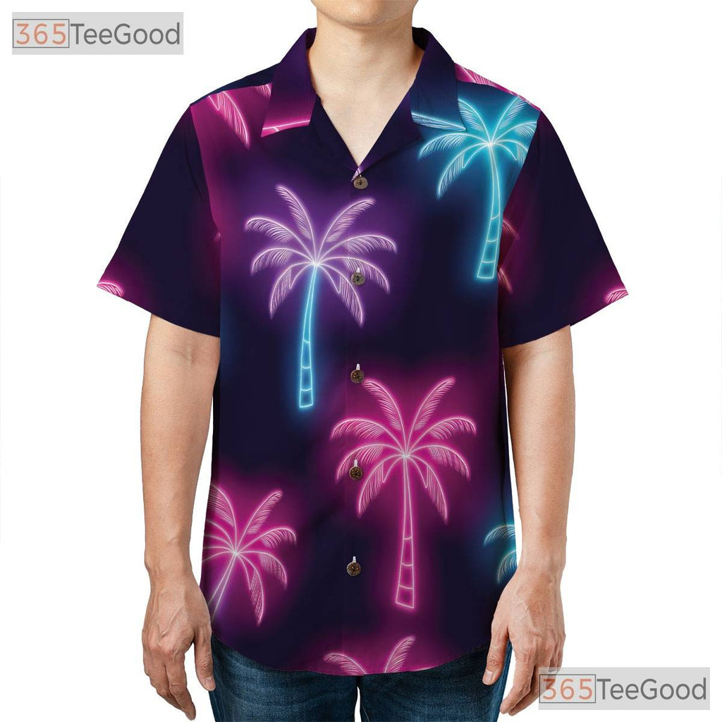 Unisex Neon Palm Tree Hawaiian Shirt- Retro Tropical Black Beach Background