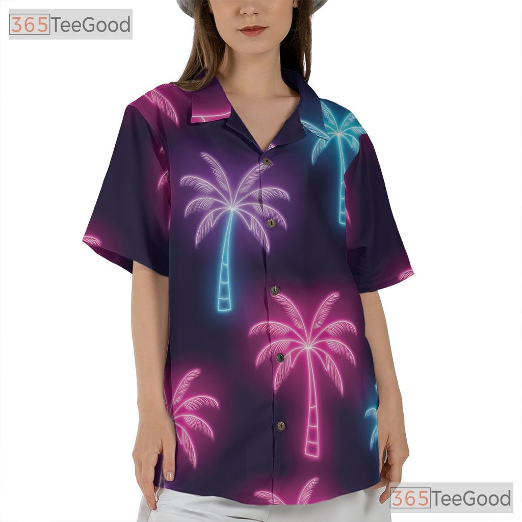 Unisex Neon Palm Tree Hawaiian Shirt- Retro Tropical Black Beach Background