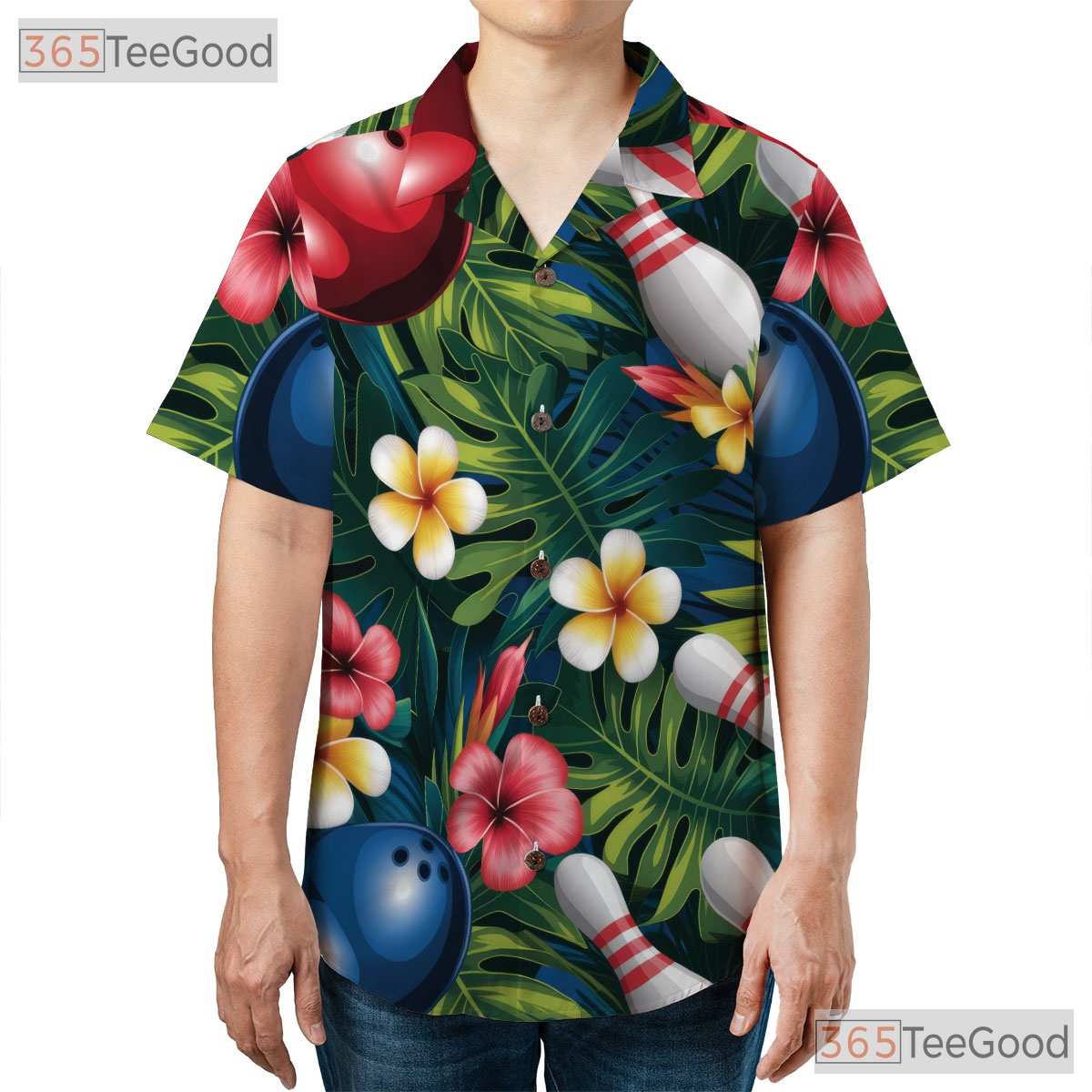 Unisex Plumeria Palm Hawaiian Bowling Shirt- Tropical Luau Party Aloha Top