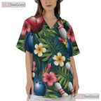 Unisex Plumeria Palm Hawaiian Bowling Shirt- Tropical Luau Party Aloha Top