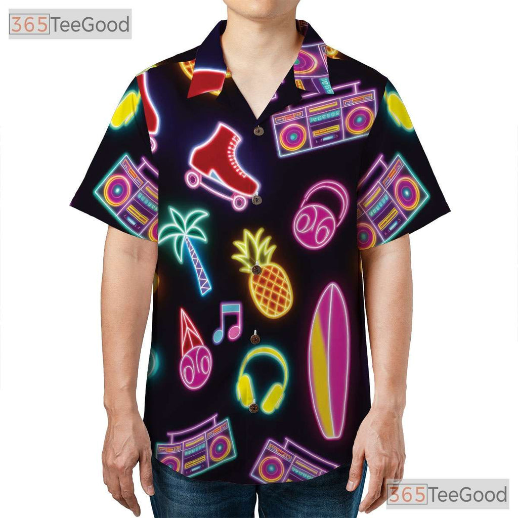 Unisex Retro Neon Roller Skate Hawaiian Shirt- Pineapple Palm Music Summer Tee