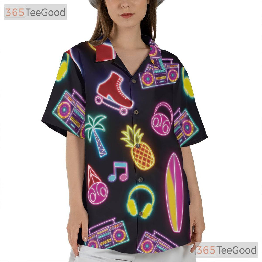 Unisex Retro Neon Roller Skate Hawaiian Shirt- Pineapple Palm Music Summer Tee