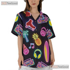 Unisex Retro Neon Roller Skate Hawaiian Shirt- Pineapple Palm Music Summer Tee