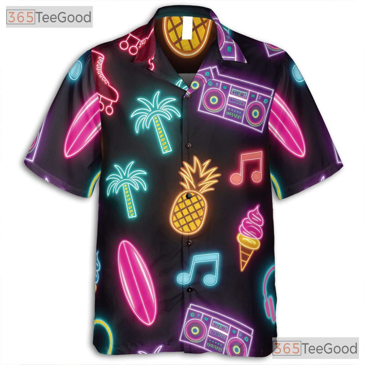 Unisex Retro Roller Skate Hawaiian Shirt- Neon Pineapple Palm Summer Top