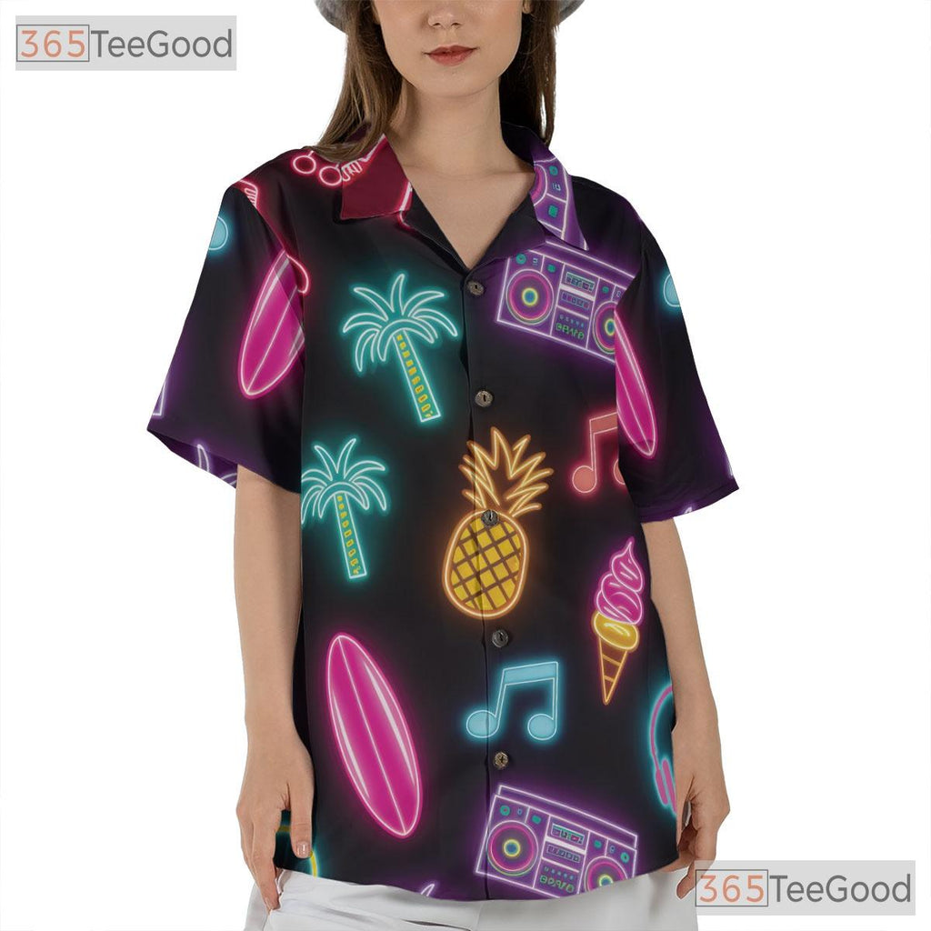 Unisex Retro Roller Skate Hawaiian Shirt- Neon Pineapple Palm Summer Top