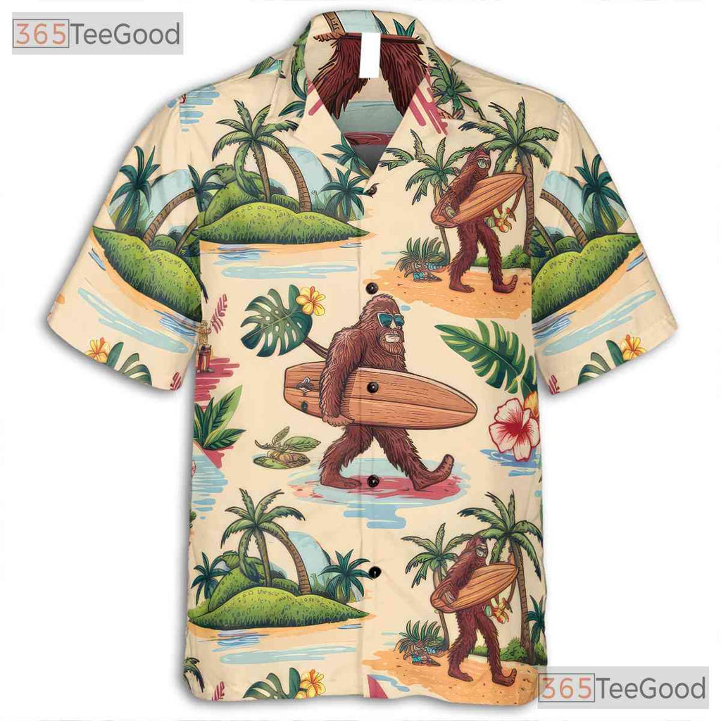 Unisex Tropical Bigfoot Hawaiian Tee - Sunset Palm Trees Beachwear Summer Shirt