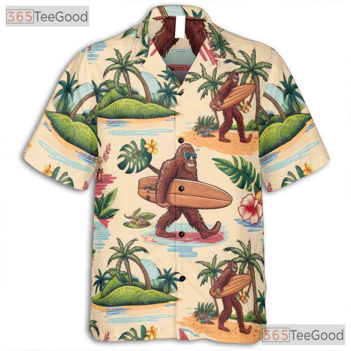 Unisex Tropical Bigfoot Hawaiian Tee - Sunset Palm Trees Beachwear Summer Shirt